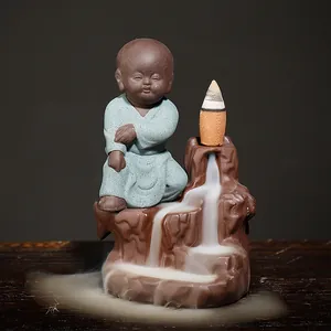 Ceramic little monk backflow incense burner with mountain waterfall smoke effect for home