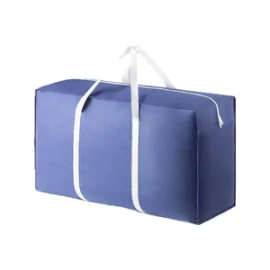 Durable large capacity blue moving storage bag with white reinforced handles for quilts