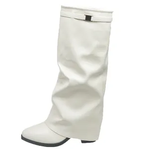 Premium white knee-high ruched pant-leg boots with elegant buckle detail for women