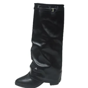 Elegant black faux leather pant-leg boots with slouchy high heel design for women