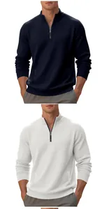 Felpa da uomo in pesante maglia a nido d'ape con mezza zip e colletto dritto, blu e bianco