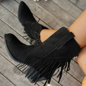 Botas de Media Caña de Vaquero Occidental para Mujer Cuero Borla Punta Puntiaguda Tacón de Bloque Botas Martin Retro Casual
