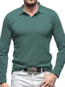 Polo classica da uomo a maniche lunghe in jersey di cotone verde acqua scuro chic
