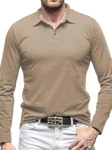 Polo a manica lunga da uomo color kaki con colletto rovesciato e vestibilità slim classica