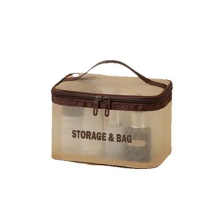 Large breathable mesh cosmetic bag for travel toiletry storage in elegant khaki color