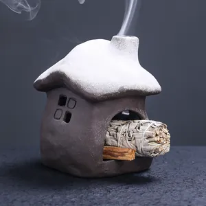 Handcrafted ceramic cottage incense burner for white sage and palo santo sticks