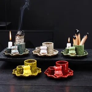 Ceramic frog incense burner set with lotus leaf tray for sage and Palo Santo sticks