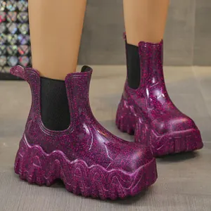 Dames Mode Glitter Pailletten Platform Chelsea Boots Vierkante Neus Blokhak Halverwege de Kuit Rookpijp Laarzen Party Schoenen