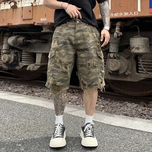 Men's American Retro Camo Cargo Shorts Washed Distressed Stone Vintage Loose Wide Leg Cotton Summer Casual Half Pants