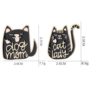 Cartoon cat enamel pins with dog mom and cat lady text, dimensions and weight details