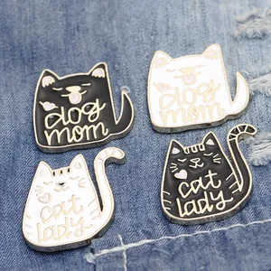 Set of 4 cute cartoon cat enamel pins featuring 'dog mom' and 'cat lady' text