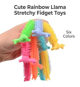 Hand holding colorful stretchy alpaca sensory fidget toys in multiple neon colors