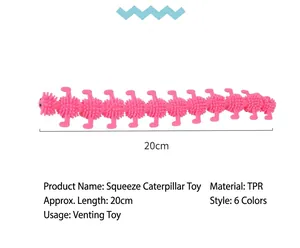 Detailed view of pink caterpillar stretch toy made of TPR, 20cm long for stress relief.