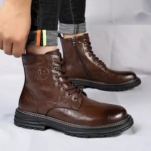 Bottines Martin en cuir marron pour hommes avec fermeture éclair et semelle épaisse