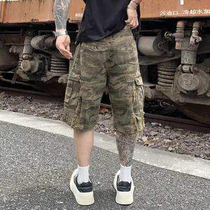 Vintage distressed camouflage cargo shorts for men with loose wide-leg fit and pockets