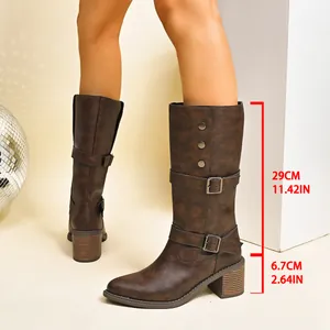 Bruine vintage middelhoge laarzen met blokhak en gespdetails, afmetingen in CM en INCH