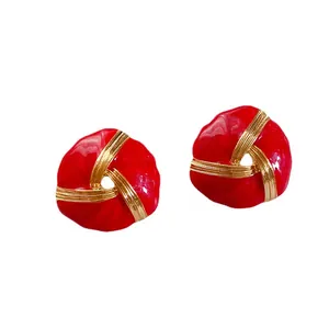 Vintage red enamel stud earrings with gold-tone bands, minimalist retro jewelry for women