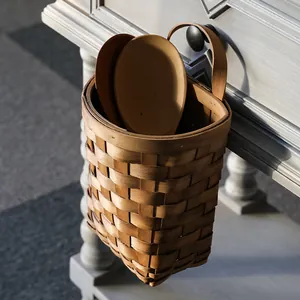 Panier de rangement suspendu en bois tissé pour ustensiles de cuisine et maquillage