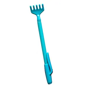 Blue hand-shaped backscratcher tool featuring a portable pen clip for easy storage