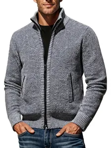 Gilet zippé en maille grise pour homme avec col montant et poches latérales