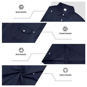 Close-up details of navy blue long-sleeve utility Polo shirt neck pocket and fabric
