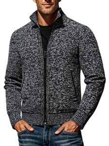 Cardigan en maille mouchetée grise pour hommes avec col montant et fermeture éclair