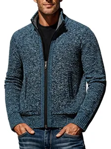 Gilet en maille bleue pour homme avec col montant, fermeture éclair et polaire