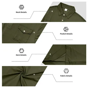 Detailed views of army green long-sleeve polo shirt neck, pocket, hem, and fabric.