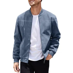 Casual men's blue faux suede bomber jacket featuring a zip-up stand collar design