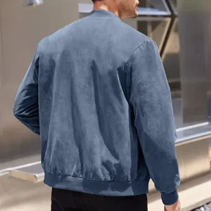 Back view detail of blue suede bomber jacket featuring ribbed hem and premium texture.