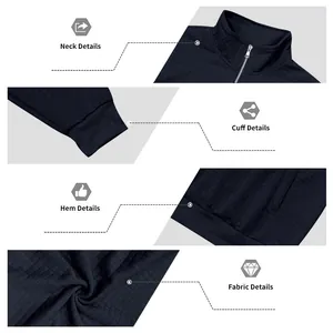 Detailansicht von Hals, Manschette, Saum und Stoff des Herren-Half-Zip-Sweatshirts.