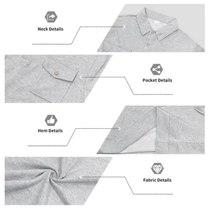 Detail views of a gray long-sleeve utility Polo shirt including neck, pocket, and fabric