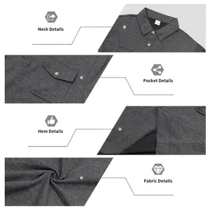 Detail view of men's heavy grey polo shirt showing collar, pocket, and fabric texture
