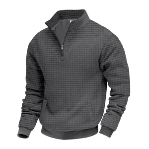 Herren Charcoal Sweatshirt mit halbem Reißverschluss und strukturiertem Jacquard-Karomuster