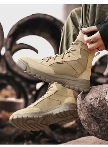 Side profile of men's khaki high-top outdoor work boots with rugged non-slip sole