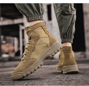 Detailed side view of khaki men's high-top outdoor tactical work boots during walking