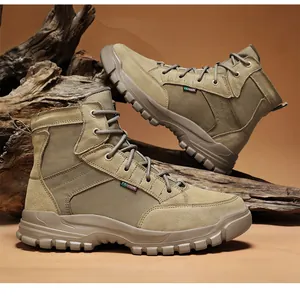 Close-up detail of durable tan high-top outdoor work boots featuring rugged suede texture