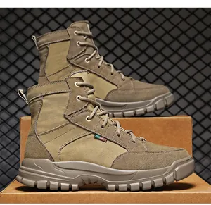Close-up of durable canvas and suede stitching on khaki outdoor high-top work boots