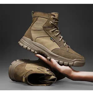 Detail view of brown high-top tactical Martin boots with suede and canvas material.