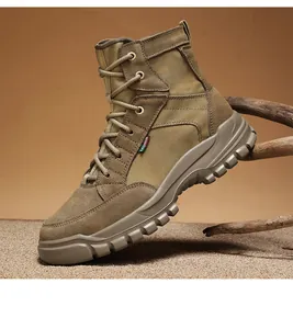 Detailed side view of khaki men's high-top outdoor tactical boots with durable rubber sole