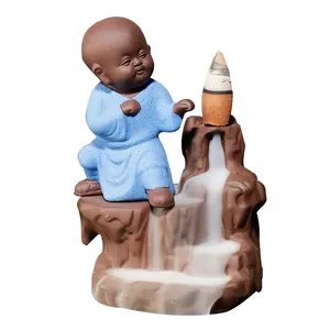 Ceramic backflow incense burner with Kung Fu little monk figurine and waterfall smoke effect