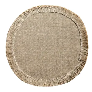 Set de table rond en jute de style ferme avec des bords à franges vintage rustiques