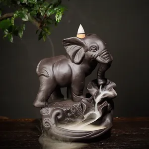 Thaise Stijl Olifant Backflow Wierookbrander Paarse Klei Keramiek Wierookhouder Thaise God Olifant Beeldjes Home Zen Decor