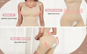 Detailed views of beige seamless bodysuit showing push-up and tummy control features.