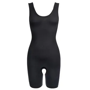 Front view of black seamless shapewear bodysuit with tummy control and open crotch