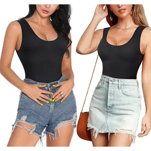 Professional studio shot of black seamless tummy control bodysuit styled with denim outfits