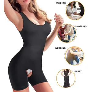 Detailed view of seamless shapewear bodysuit with open crotch for tummy control.