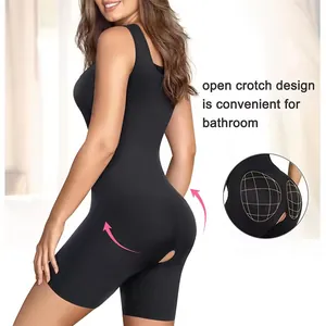Detailed view of seamless black shapewear featuring a functional open crotch design for women
