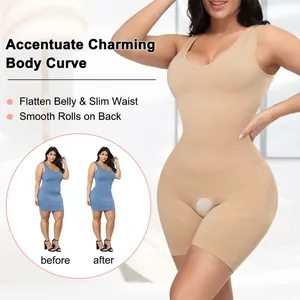 Seamless tummy control shapewear bodysuit with open crotch for body contouring effect