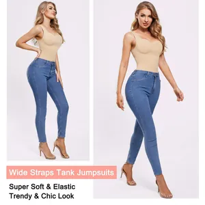 Slimming wide strap tank jumpsuit bodysuit for women, seamless soft elastic fabric